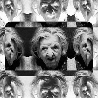 Weird grimacing granny with wirey hair repeated multiple times, b&w