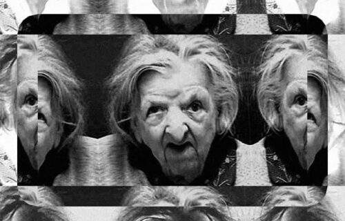 Weird grimacing granny with wirey hair repeated multiple times, b&w