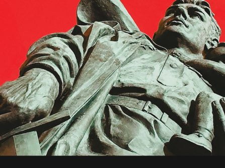 Statue with sword in front of bright vivid red background - Warcrimes - Mantis Radio