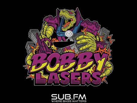 Cover image for Darkfloor drum & bass mix, feat. Bobby Lasers artwork + Sub FM branding