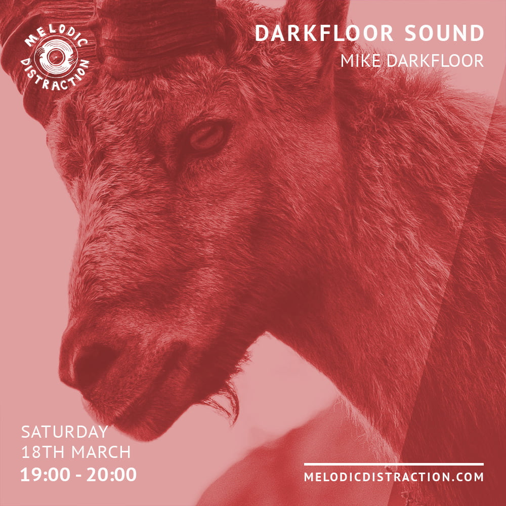 Melodic Distraction flyer for March 2023 depicts a head of a goat coloured red
