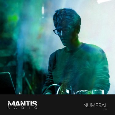 numeral playing electronic instruments in shadow with green overlay added with a black back on the bottom of the image containing the Mantis Radio logo, show number, and guest name.