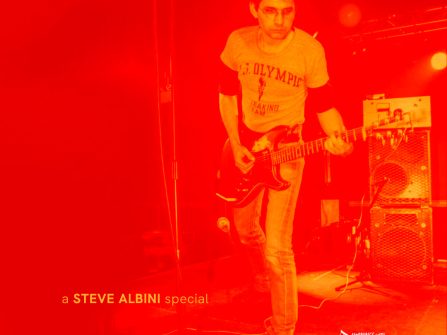 Steve Albini playing guitar next to mic stand, coloured red/yellow in keeping with the promotional brand colours of archives of the radio show Mornings With Darkfloor