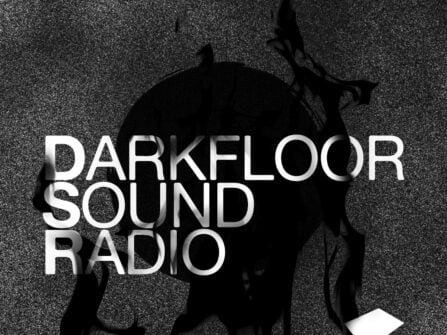 Noise background with white title text overlaid (Darkfloor Sound Radio) together with the Darkfloor Sound logomark in the bottom right of this square image.
